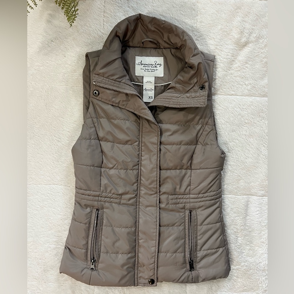 American Rag Taupe Puffer Vest - missing faux fur hood